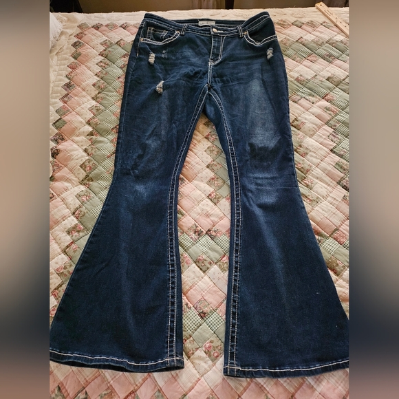 BAMBOO Denim - BAMBOO Women's Dark Blue Boot Cut/Flare DistressedJeans